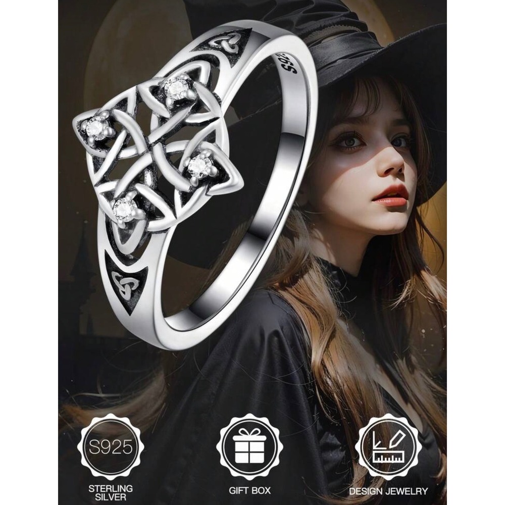 S925 Sterling Silver Celtic Knot Ring Cubic Zirconia Witchy Gothic Jewelry Band